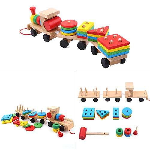 Baby Kids Wooden Puzzle Train Toy Wooden Train Toddler Toys Shape Sorter and Stacking Wooden Blocks Sorting Stacking Learning Game