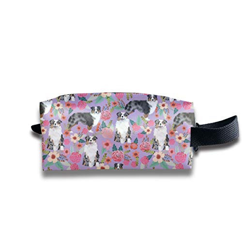 Australian Shepherd Dog Floral Portable Makeup Bag Zipper Waterproof Travel Storage Pouch Cosmetic Toiletry Bag Handle