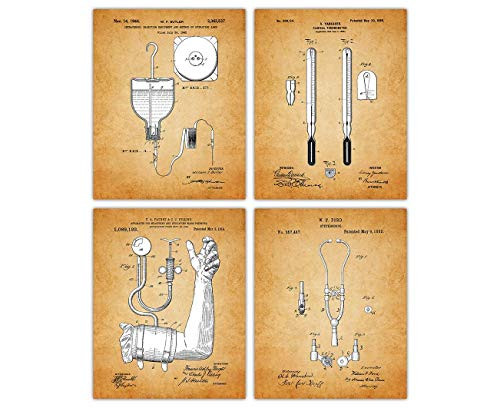 Vintage Medical Poster Patent Prints - Set of 4 8x10 Unframed Medical Wall Decor for Home  Office  Man Cave  Dorm and Bedroom - Creative Gift Idea for Medical Wall Art Enthusiasts