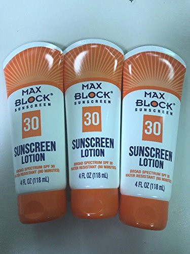 Max Block 30 SPF Sunscreen Lotion Sunblock Sunburn Suntan Block Safe 4 oz 3 Pack