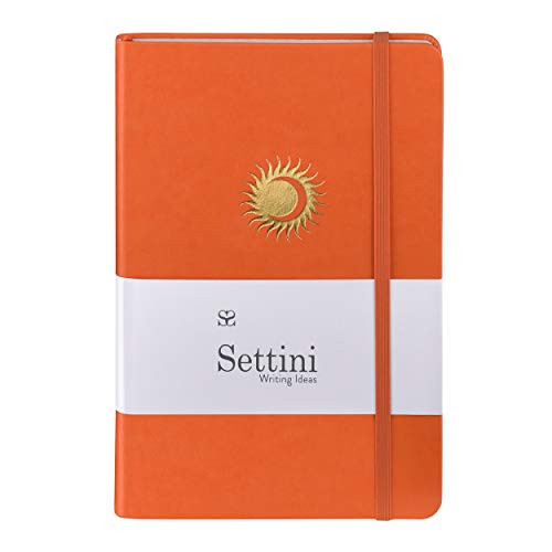 Settini Hardcover Journal Notebook - Faux Leather  Elastic Closure  Bookmark  Inner Pocket. Lay Flat  Lined  Ruled. Classic Writing Notebook  Orange Sun