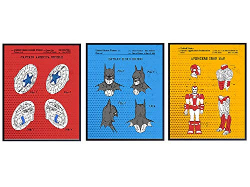 Captain America  Iron Man  Batman Patent Prints - 8x10 Poster Gift Set for Superheroes  Justice League  Avengers  DC  Marvel Comic Book or Stan Lee Fans - Wall Art  Home Decor for Boys Bedroom