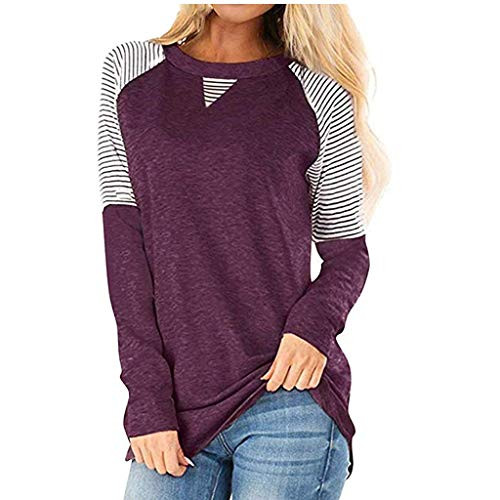 aihihe Womens Casual Long Sleeve T-Shirts Blouse Tunic Striped Print Color Block Patchwork Tunic T Shirt Tops Purple