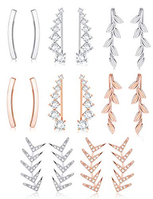FUNRUN JEWELRY 8 Pair Ear Cuff Hoop Climber Earring CZ Arrow Leaf Crawler Earring Set for Women Ear Jacket