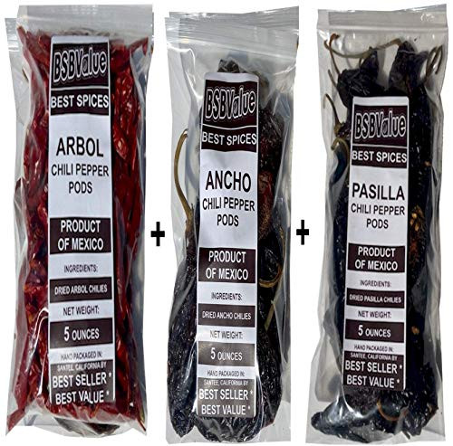 ARBOL ANCHO PASILLA 3 PACK 15 ounces in total Dried Chile Peppers - BSBValue BEST SPICES - New Larger 5oz Sizes - Chili Pods For Mexican Recipes ARBOL ANCHO PASILLA 3 PACK 15 ounces in total Dried Chile Peppers - BSBValue BEST SPICES - New Larger 5oz Sizes - Chili Pods For Mexican Recipes