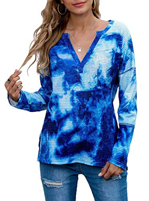 Women s Casual Color Block Tie Dye V-Neck Long Sleeve Loose Pullover Sweatshirt Tops Blue Tie Dye Print Large Women s Casual Color Block Tie Dye V-Neck Long Sleeve Loose Pullover Sweatshirt Tops Blue Tie Dye Print Large