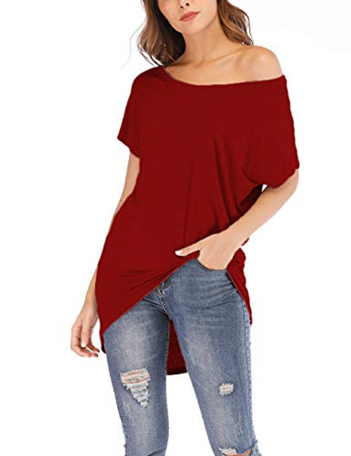 Womens Off Shoulder T Shirts Loose Casual Batwing Short Sleeve Oversize Blouse Tops WineRed 2XL Womens Off Shoulder T Shirts Loose Casual Batwing Short Sleeve Oversize Blouse Tops WineRed 2XL
