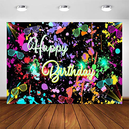 Avezano Neon Birthday Party Backdrop 7x5ft Glow in The Dark Graffiti Splatter Happy Birthday Party Banner Photography Background Lets Glow Dance Birthday Decoration Photo Booth Backdrop
