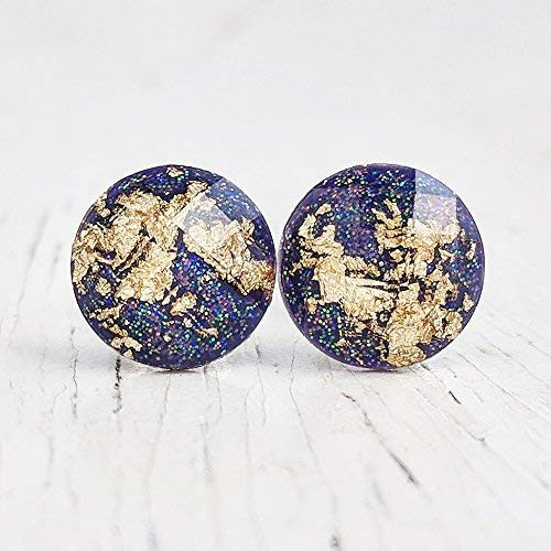 Dark Violet Purple with Gold Flake Stud Earrings - Hypoallergenic Posts - Titanium
