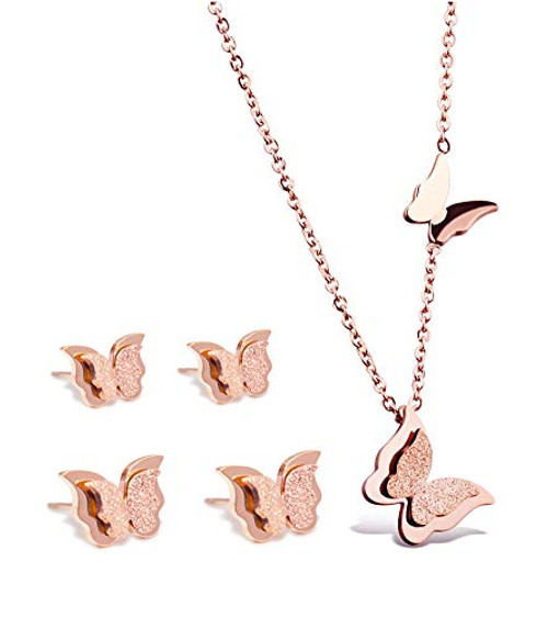 WDSHOW Rose Gold Plated Butterfly Stud Earrings Necklace Jewelry Set Women