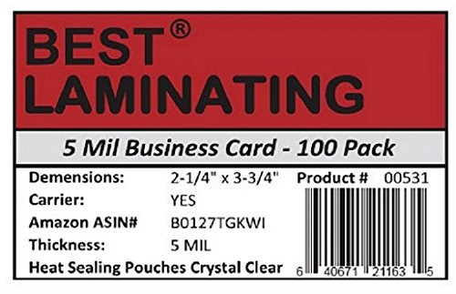 Best Laminating - 5 Mil Business Card Therm. Laminating Pouches - 2-1/4 x 3-3/4 (100 Pouches)