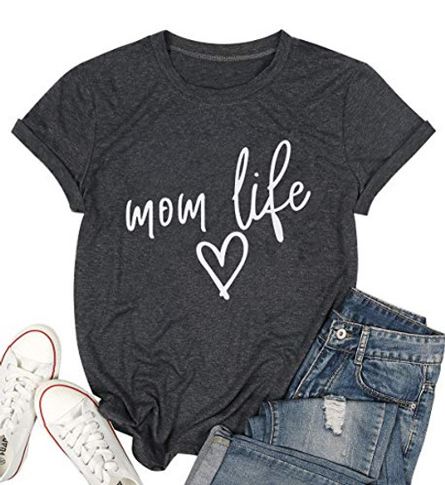 LOTUCY Mom Life Shirt Tired Mom Blessed Mama T Shirt Graphic Tee Women Letter Print Short Sleeve Tops  Grey  XL