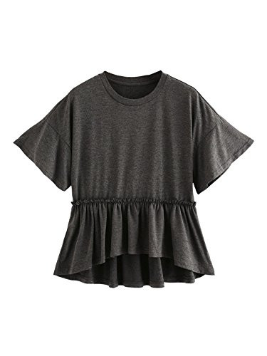 Romwe Women s Loose Ruffle Hem Short Sleeve High Low Peplum Blouse Top Dark Grey XXL