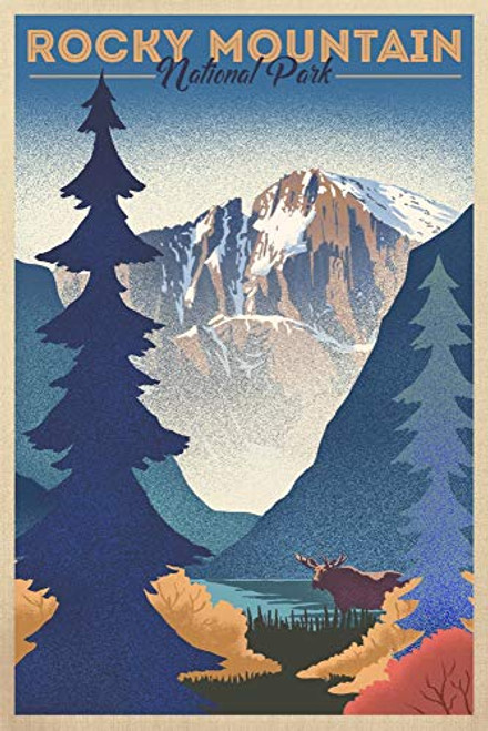 Rocky Mountain National Park Colorado - Moose and Lake - Lithograph 12x18 Art Print Wall Decor Travel Poster Rocky Mountain National Park Colorado - Moose and Lake - Lithograph 12x18 Art Print Wall Decor Travel Poster