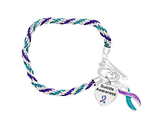 Fundraising For A Cause   Suicide Awareness Charm Bracelet with Accent String - Purple  and  Teal Ribbon Bracelets for Suicide Awareness  Pack of 2