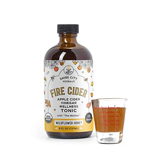 Fire Cider  Tonic  8 oz with shot glass  Wildflower Honey flavor  16 Daily Shots  Apple Cider Vinegar  Whole  Raw  Organic  Not Heat Processed  Not Pasteurized  Not Diluted  Paleo  Keto  Whole 30.