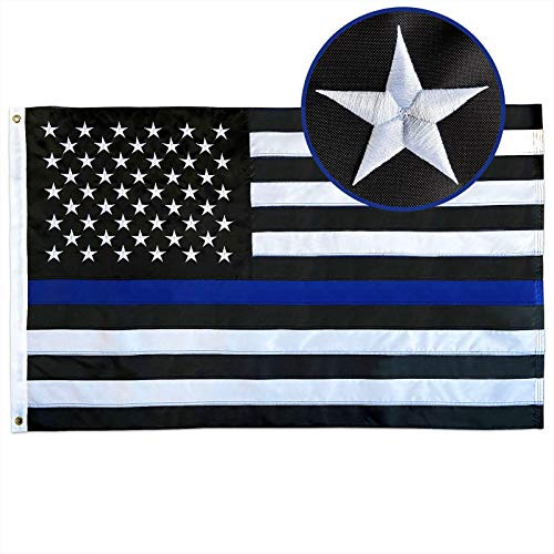 SolarStar Thin Blue Line USA Flag with Embroidered Stars  Sewn Stripes  Brass Grommets  Black White and Blue American Police Flag Honoring Law Enforcement Officers