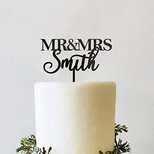 Cake Topper-Custom Personalized Name Mr and Mrs Bride and Groom Wedding Cake Topper Traditional Block Font and Script Cursive-a02 Wedding Birthday