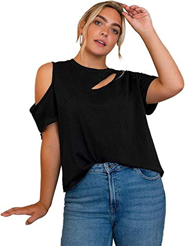 Romwe Women s Plus Summer Cold Shoulder Cut Out Front Short Sleeve Tee Top Black XX-Large Plus