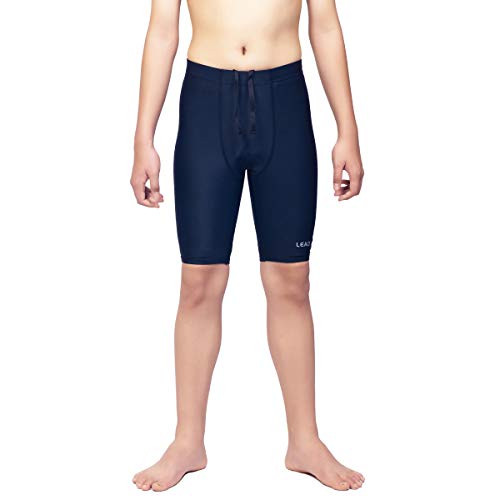 LEAO Youth Boys Swim Jammers Solid Swimsuit UPF 50 plus Sun Pretection Quick Dry Athletic Swimming Shorts Navy L