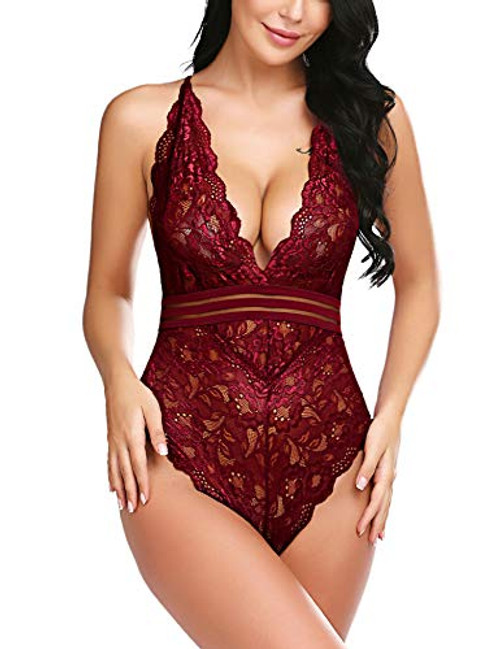 Avidlove Women Teddy Lingerie Snap Crotch Lingerie One Piece Lace Babydoll Mini Bodysuit Wine Red L