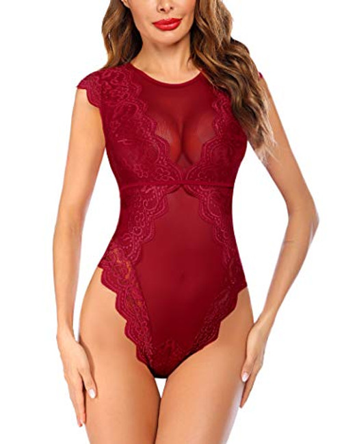 Avidlove Women Teddy Lingerie One Piece Babydoll Snap Crotch Lingerie Mini Bodysuit Wine Red Large