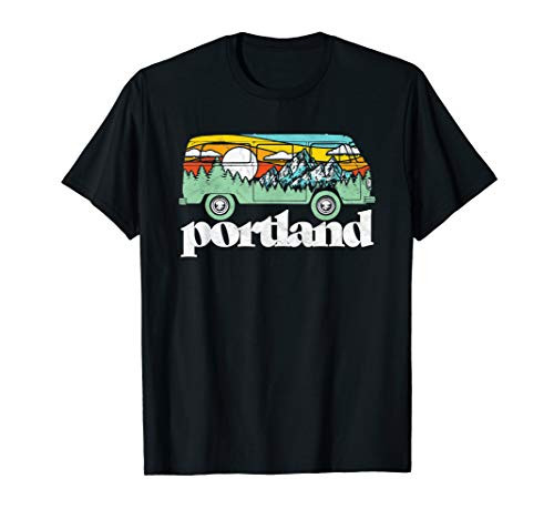 Retro Portland Oregon Hippie Van Mountains Trees  and  Sun T-Shirt