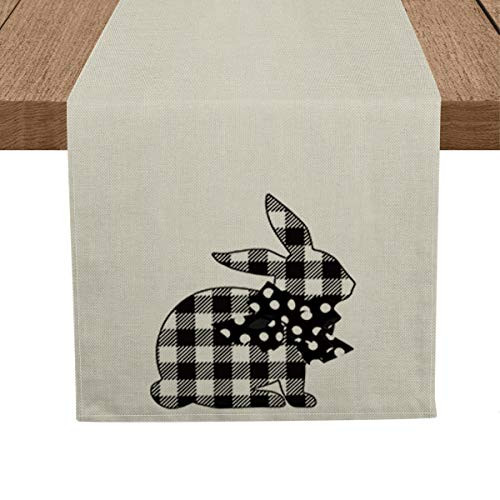 Artoid Mode Buffalo Plaid Bow Rabbit Table Runner  Seasonal Spring Easter Holiday Kitchen Dining Table Runner for Home Party Decor 13 x 108 Inch
