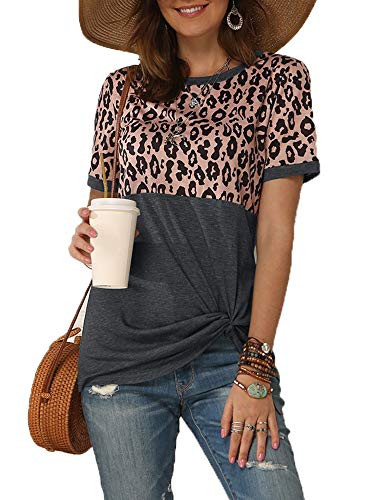 Gnpolo Womens Leopard Print Tops Color Block Twist Knot T Shirts Short Sleeve Casual Blouses
