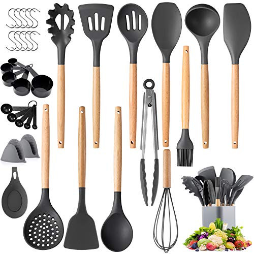 Kitchen Cooking Utensils Set  Senbowe 36 pcs Non-stick Silicone Cooking Kitchen Utensils Spatula Set with Holder Wooden Handles  Non Toxic Silicone Turner Tongs Spoon Kitchen Gadgets Utensil Set