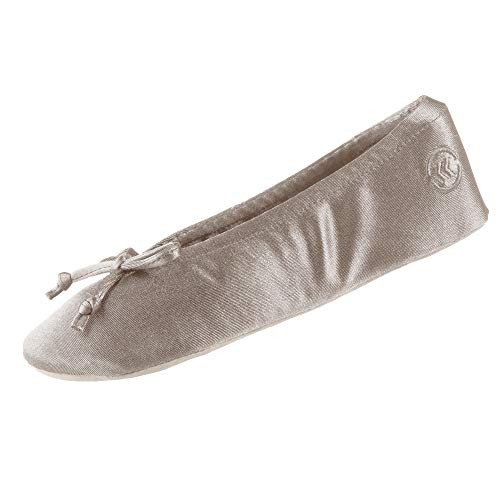 isotoner womens Satin Ballerina With Bow  Suede Sole Slipper  Sand Trap Soft Tie Bow  6.5-7.5 US