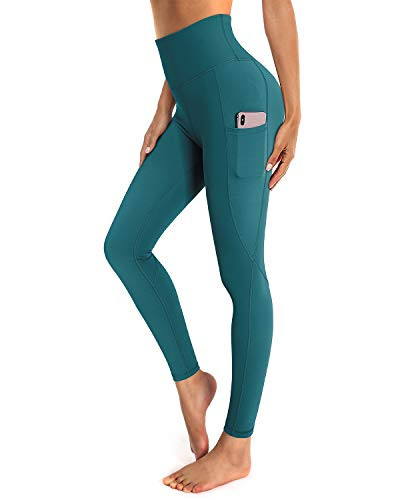 OUGES Womens High Waist Yoga Pants with Pockets Workout Running Leggings Green M
