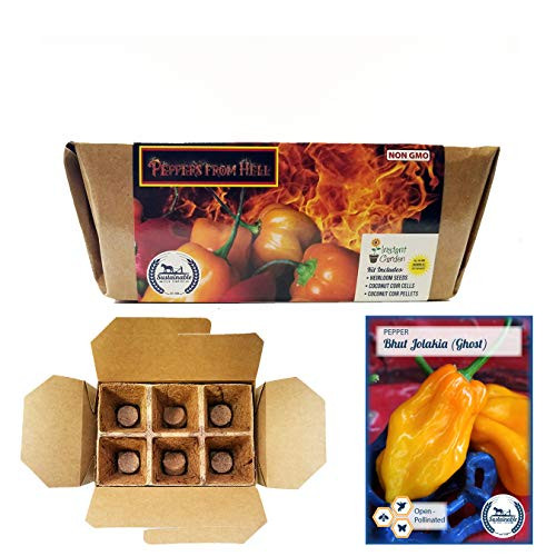 Peppers from Hell Seed Starter Kit - Includes Non-GMO Heirloom Ghost Pepper Seeds and 6-Pack Coconut Coir Grow Kit by Sustainable Seed Company  Ghost Peppers