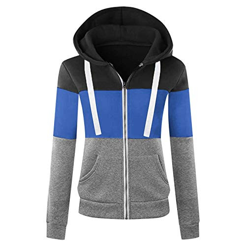 POTO Women s Lightweight Hoodie Sweatshirt Color Block Long Sleeve Hooded Zipper Tops Casual Jacket with Pockets Blue