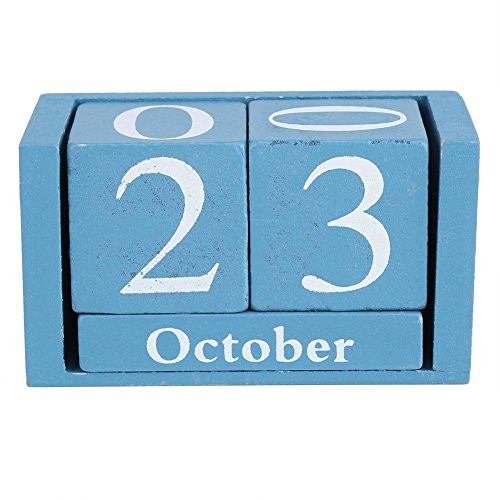 Vintage Wooden Block Perpetual Calendar Desktop Accessory Shabby Rustic Number Rustic Any Month Day Block for Home Office Decoration  Blue