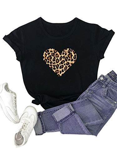 SOLY HUX Women s Plus Size Leopard Heart Print Short Sleeve Tee Summer Tops T Shirt Black 3XL