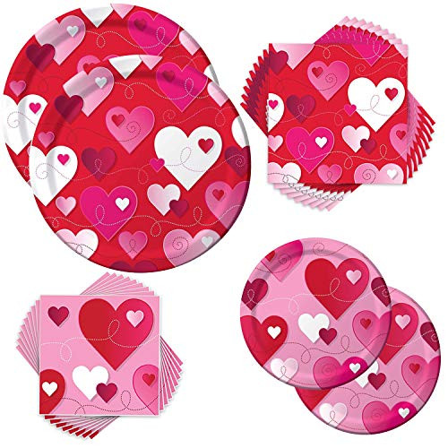 Valentine Party Hearts  and  Swirls Plates  and  Napkins Bundle for 16 Guests