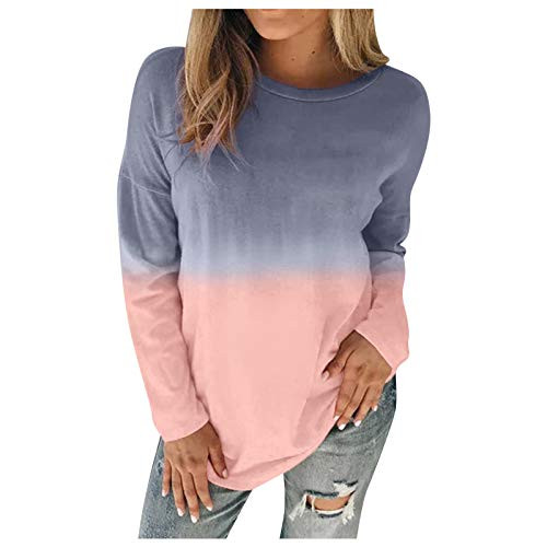 POTO Womens Casual Tunic Tops Gradient Color Block Pullover Sweatshirts Long Sleeve Round Ncek Comfy Blouse Shirts
