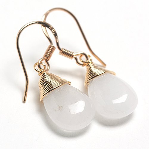 Natural Stone Wire Wrap Dangle Drop Earrings Gold Plated 925 Sterling Silver Hook White Jade Water Drop