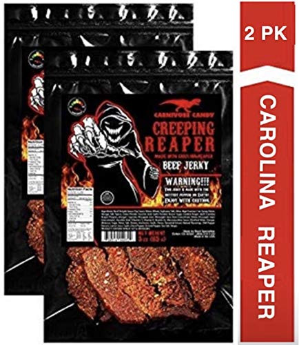 JURASSIC JERKYS CREEPING REAPER Carolina Reaper Beef Jerky  2 -3oz Bag The Reaper is the HOTTEST Pepper in the world! Sweet with Heat~