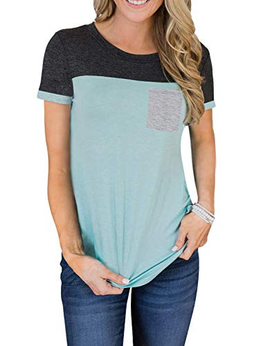 Malaven Womens Crewneck Short Sleeve T Shirts Color Block Cute Tops Casual Loose Fit Shirt Blouses Sky Blue Large