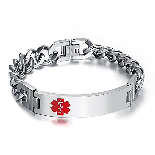 VNOX Men s Medical Alert ID Bracelet Tag Stainless Steel Link Chain Wrist  Free Engraving  8.5 inches