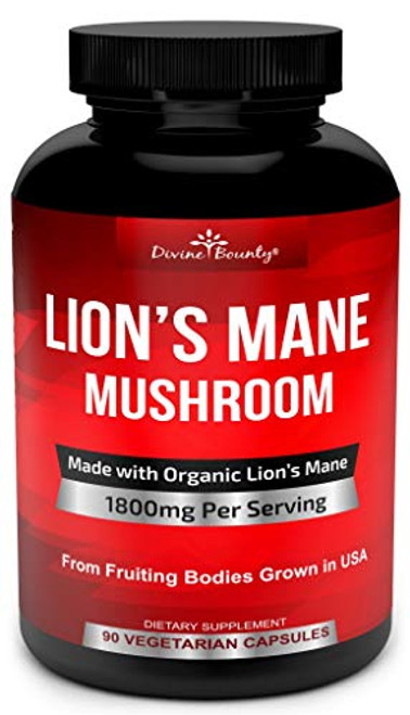 Organic Lions Mane Mushroom Capsules - 1800mg Strongest Lion s Mane Mushroom Supplement - Non-GMO Lions Mane Extract Powder - Nootropic Brain Supplement - Brain  and  Immune Support - 90 Vegetarian Caps