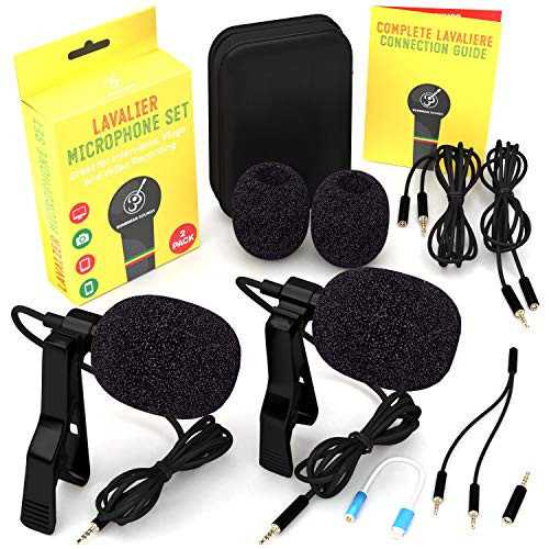 Lavalier Lapel Microphone 2 Pack Bundle - Professional Omnidirectional Lavalier Mic with Clip-On Lapel Mic for iPhone  Android  Samsung  GoPro - Lav Mic for YouTube and Vlogging BP1 Bullets