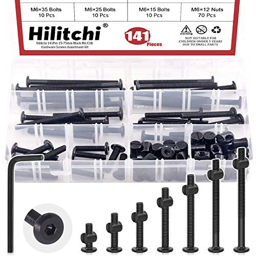 Hilitchi M6 140Pcs Black Hex Socket Head Screws Bolts Barrel Nuts Hardware Assortment Kit for Crib Baby Bed Furniture Cots and Chairs  15-75mm Assortment Kit