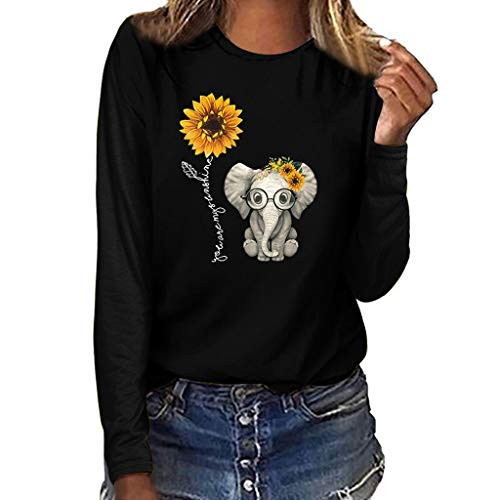 Womens T Shirts Long Sleeve Graphic Casual Summer Cute Elephant Sunflower Print Crewneck Tops Blouse Tee Shirts Plus Size Black