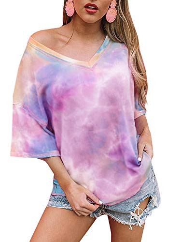 CCBSTS Womens Summer V Neck Tie Dye T Shirts Plus Size Short Sleeve Loose Knit Tops Casual Flowy Tunic Tees Purple
