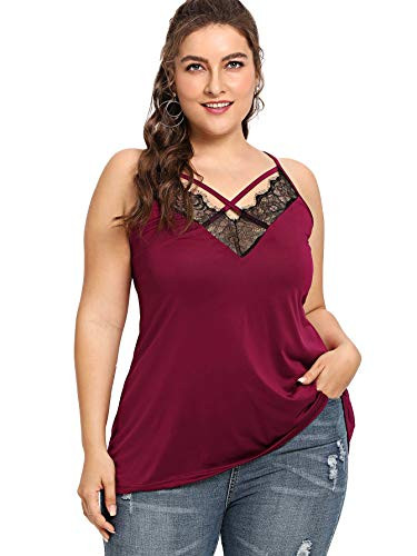 Romwe Women s Plus Size Contrast Lace Criss Cross V Neck Spaghetti Strap Cami Tank Top Red 3X