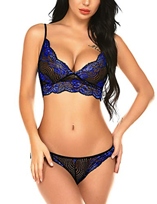 ADOME Women s Lace Lingerie Bra and Panty Set Strappy Babydoll Bodysuit Lingerie for Bride Lace Teddy Blue Large