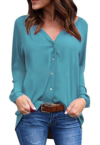 OMZIN Women s Autumn V Neck Solid Loose Tops Casual Long Sleeve Blouses Turquoise M